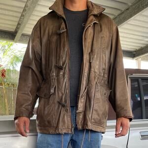 🔥Vintage Adventure Bound Patina Leather Jacket Detachable Hood Toggle Coat Sz M